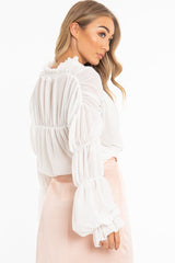White Chiffon Balloon Sleeve Crop Tie Front Blouse - Amelia-Blouse