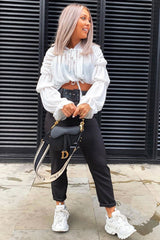 White Chiffon Balloon Sleeve Crop Tie Front Blouse - Amelia-Blouse