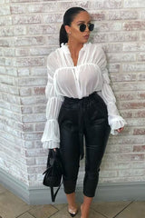 White Chiffon Balloon Sleeve Crop Tie Front Blouse - Amelia-Blouse