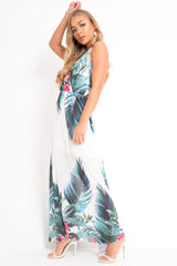 White Chiffon Leaf Print Plunge Maxi Dress - Marlin-Dresses