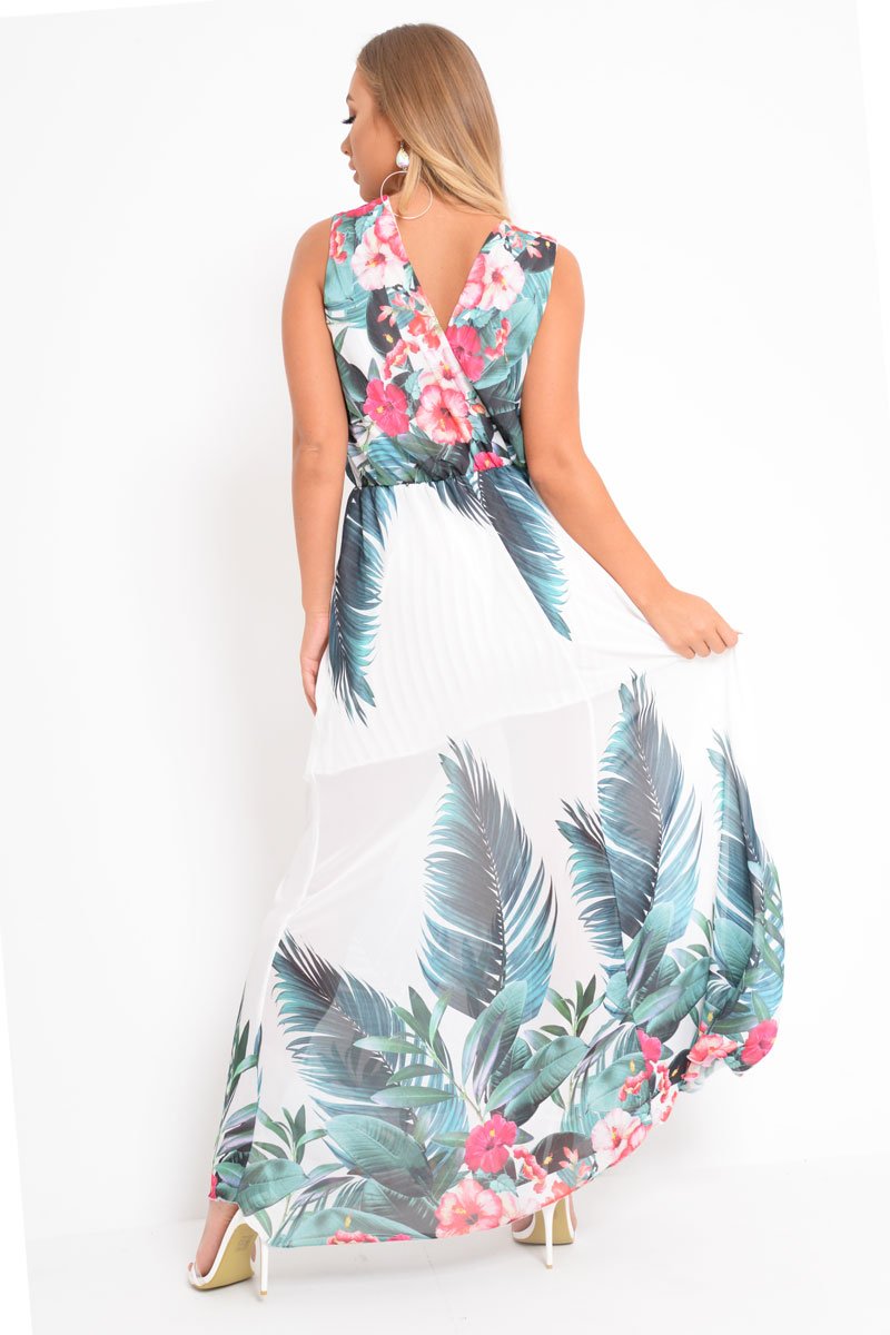 White Chiffon Leaf Print Plunge Maxi Dress - Marlin-Dresses