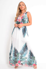 White Chiffon Leaf Print Plunge Maxi Dress - Marlin-Dresses