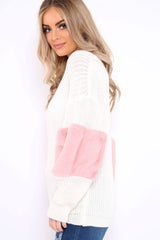 White Chunky Knit Fur Sleeve Jumper - Kimberly-Knitwear