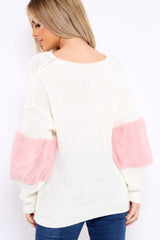 White Chunky Knit Fur Sleeve Jumper - Kimberly-Knitwear