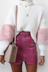 White Chunky Knit Fur Sleeve Jumper - Kimberly-Knitwear