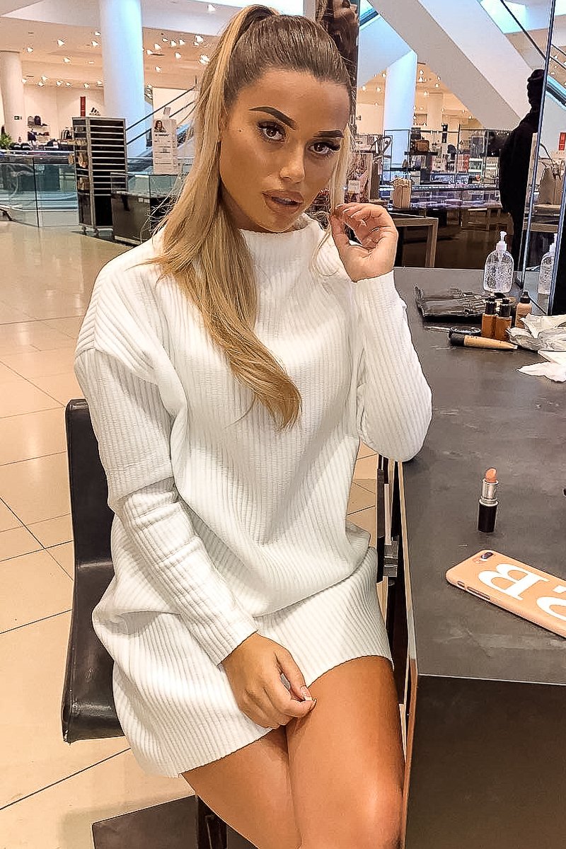 White Chunky Rib Slash Neck Jumper Dress - Kameron-Dresses