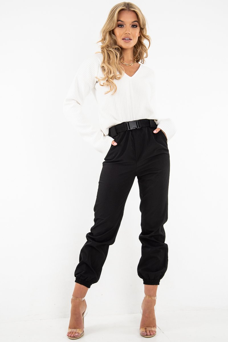 White Chunky Rib V-Neck Jumper - Evalise-Jumper