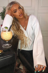 White Chunky Rib V-Neck Jumper - Evalise-Jumper