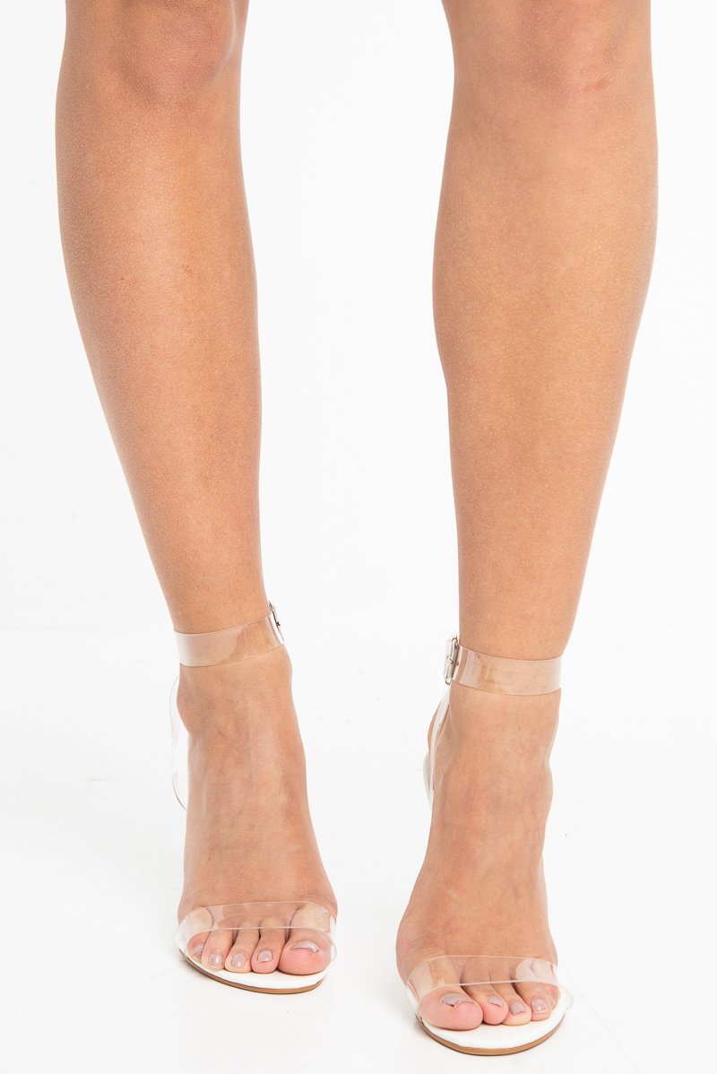 White Clear Strap Perspex Block Heels - Janice-Heels