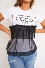 White Coco slogan mesh layer T-shirt - Sarah-T-shirt