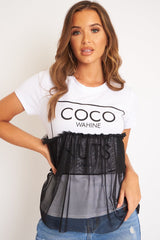 White Coco slogan mesh layer T-shirt - Sarah-T-shirt