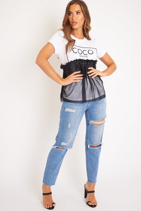 White Coco slogan mesh layer T-shirt - Sarah