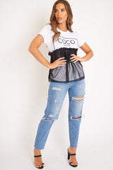 White Coco slogan mesh layer T-shirt - Sarah-T-shirt