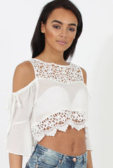 White Cold Shoulder Crochet Crop Top - Carlene-Crop Tops