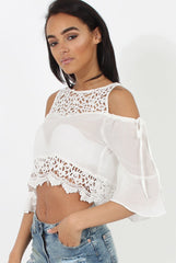 White Cold Shoulder Crochet Crop Top - Carlene-Crop Tops