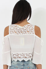 White Cold Shoulder Crochet Crop Top - Carlene-Crop Tops