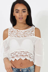 White Cold Shoulder Crochet Crop Top - Carlene-Crop Tops