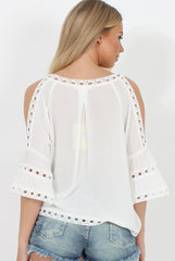 White Cold Shoulder Cut Out Top - Dominique-Tops