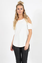 White Cold Shoulder Dipped Hem Top - Kay-Tops