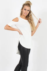 White Cold Shoulder Dipped Hem Top - Kay-Tops