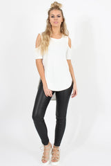 White Cold Shoulder Dipped Hem Top - Kay-Tops