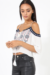 White Cold Shoulder Embroidered Crop Top - Carrie-Crop Tops