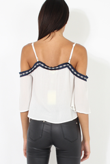 White Cold Shoulder Embroidered Crop Top - Carrie-Crop Tops
