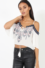 White Cold Shoulder Embroidered Crop Top - Carrie-Crop Tops