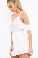 White Cold Shoulder Frill Playsuit - Lashanti-Playsuits