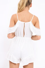White Cold Shoulder Frill Playsuit - Lashanti-Playsuits