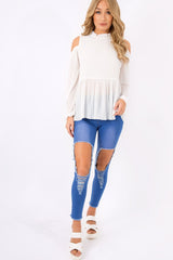 White Cold Shoulder Frill Top - Sophie-Tops