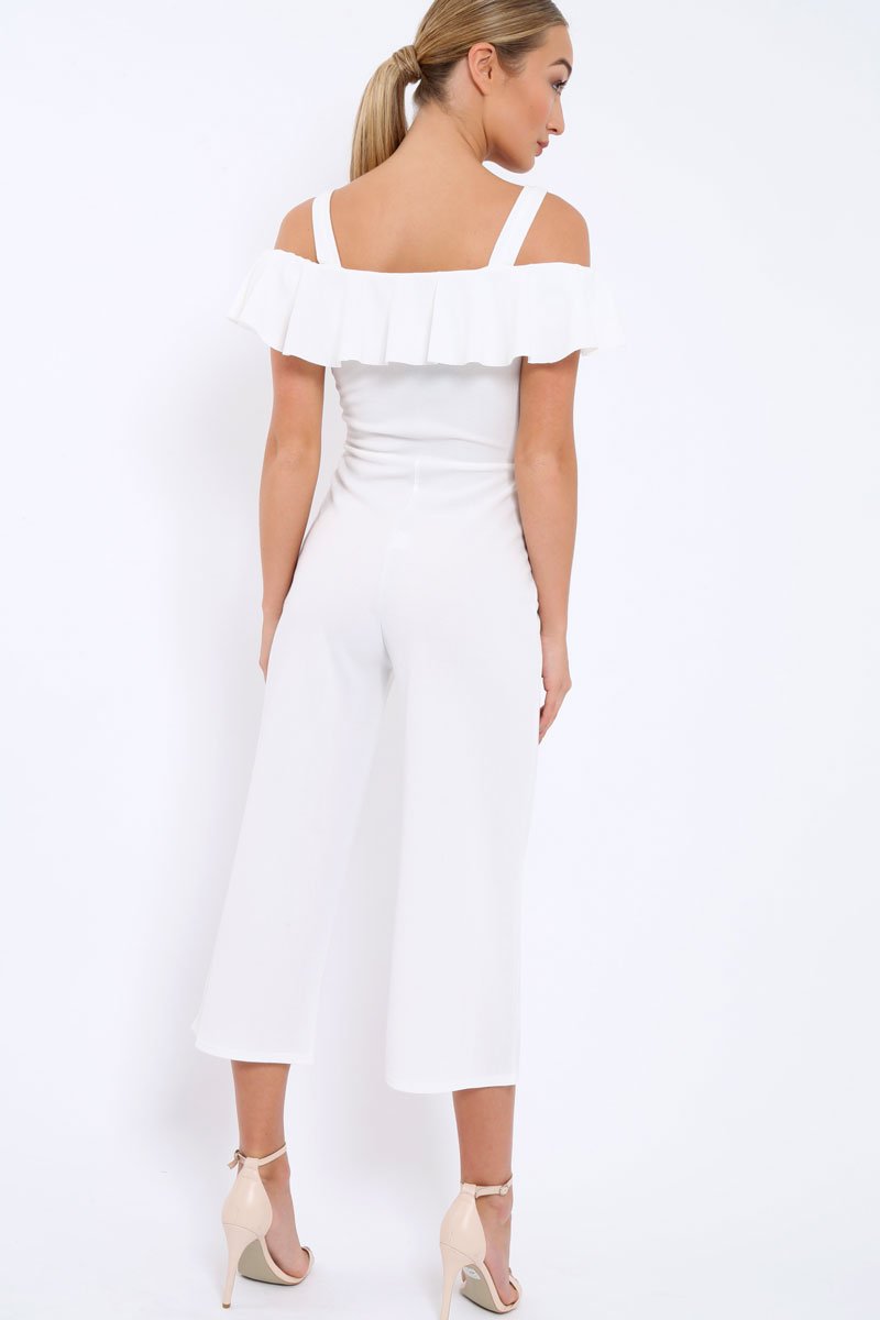 White Cold Shoulder Jumpsuit - Linora-Jumpsuits