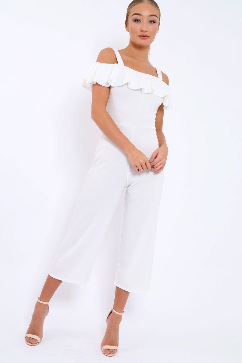 White Cold Shoulder Jumpsuit - Linora-Jumpsuits