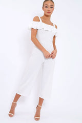White Cold Shoulder Jumpsuit - Linora-Jumpsuits