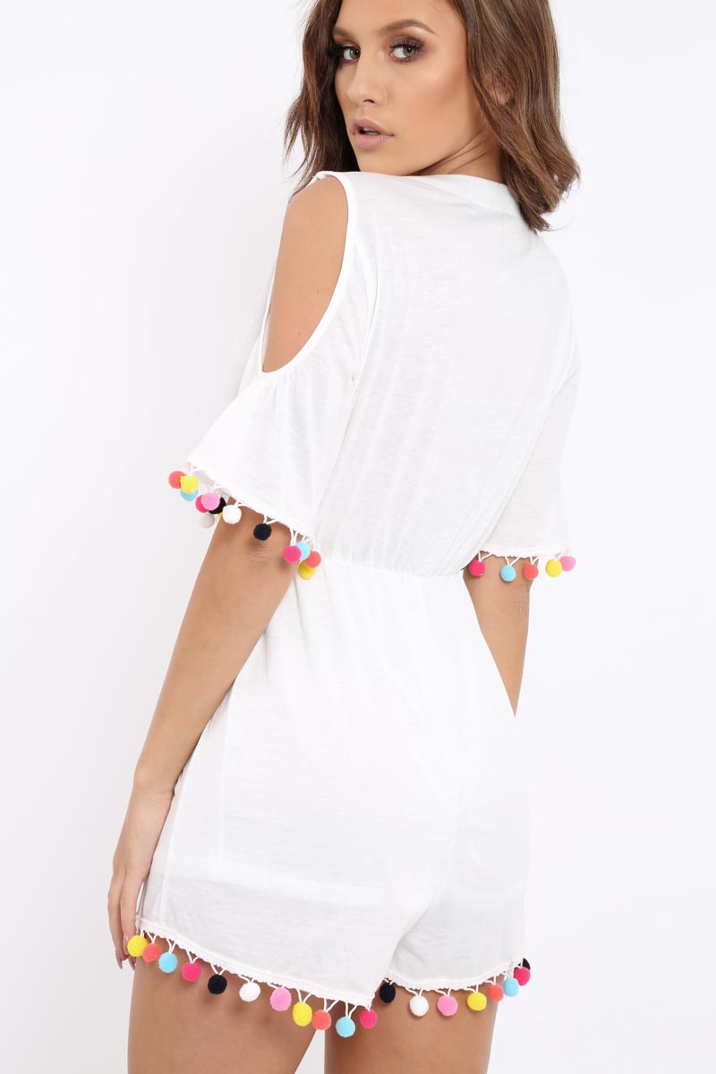 White Cold Shoulder Pom Pom Playsuit - Jemima-Playsuits