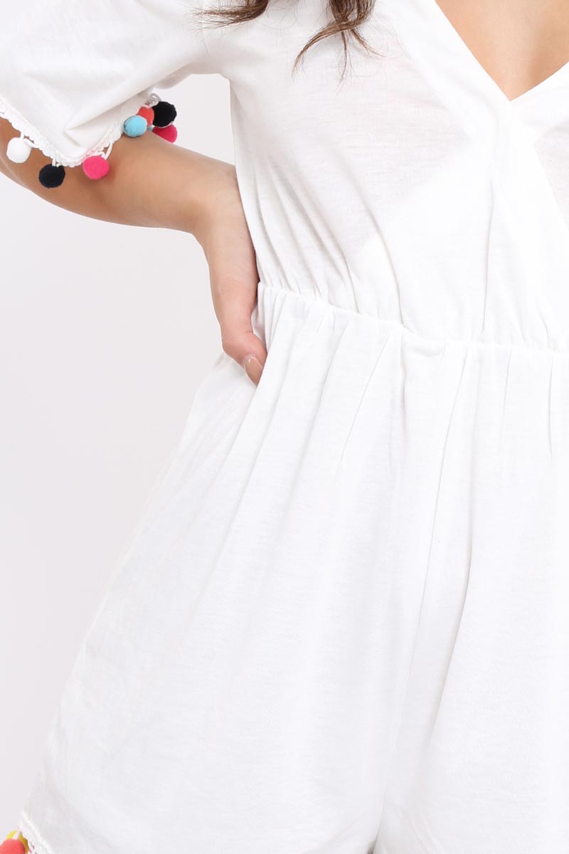 White Cold Shoulder Pom Pom Playsuit - Jemima-Playsuits