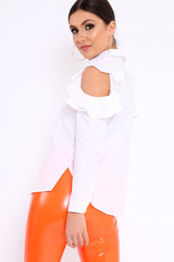 White Cold Shoulder Ruffle Shirt - Laycie-Shirts