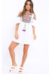 White Cold Shoulder Shift Dress with Aztec Embroidery - Elodie-Dresses