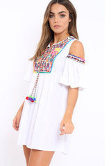White Cold Shoulder Shift Dress with Aztec Embroidery - Elodie-Dresses