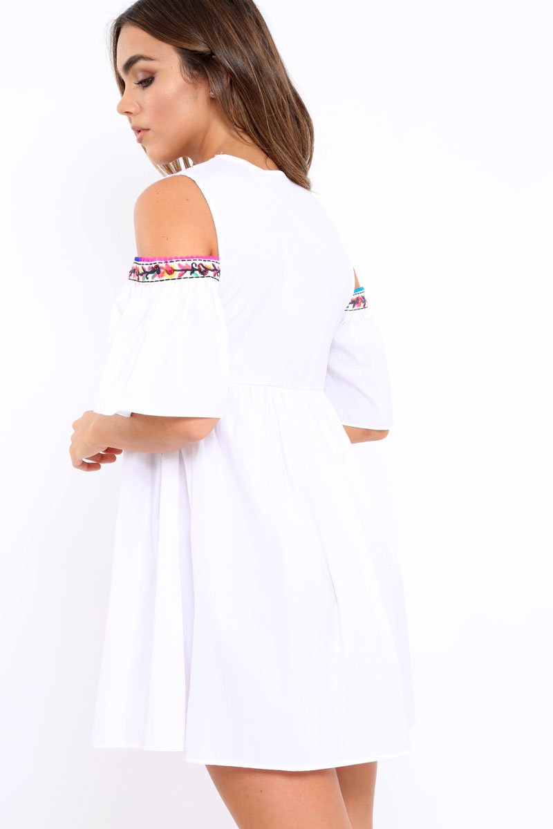 White Cold Shoulder Shift Dress with Aztec Embroidery - Elodie-Dresses