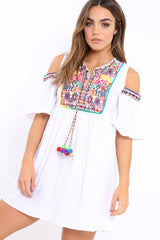 White Cold Shoulder Shift Dress with Aztec Embroidery - Elodie-Dresses