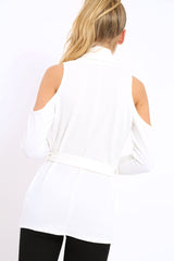 White Cold Shoulder Tie Waist Blazer - Agnes-Jackets