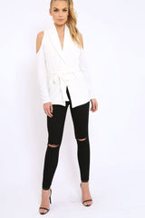 White Cold Shoulder Tie Waist Blazer - Agnes-Jackets