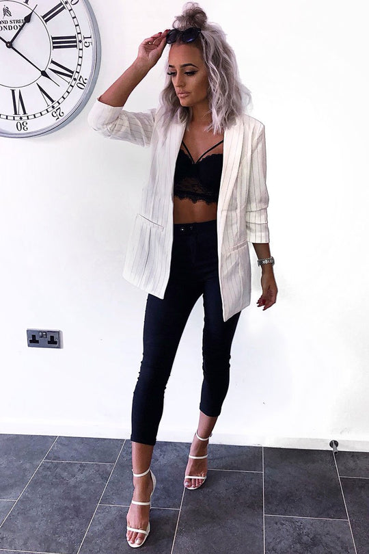 White Collar Cuffed Sleeves Striped Blazer - Elyza