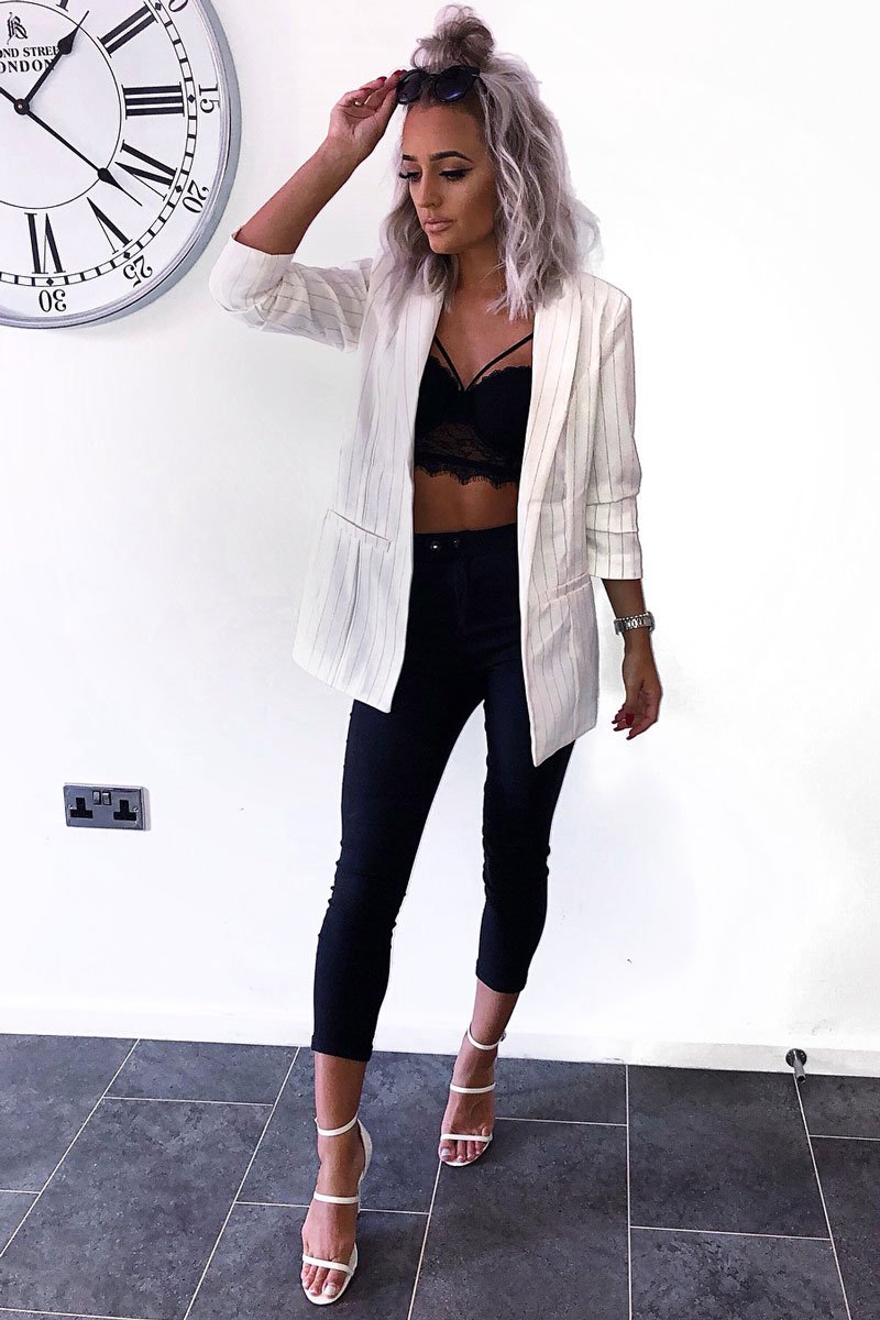 White Collar Cuffed Sleeves Striped Blazer - Elyza-Jackets