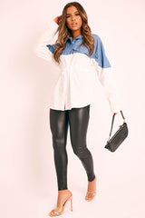 White Colour Block Denim Shirt - Jaiya-Shirts