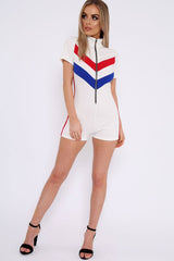White Colour Block Zip Front Playsuit - Maleia-Playsuits