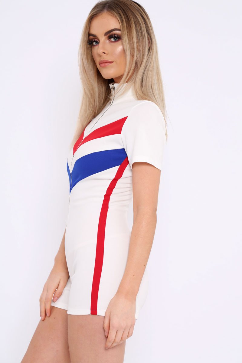 White Colour Block Zip Front Playsuit - Maleia-Playsuits