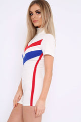 White Colour Block Zip Front Playsuit - Maleia-Playsuits