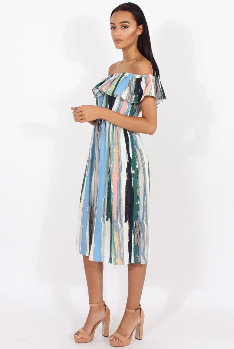 White Colourful Stripe Bardot Culotte Jumpsuit - Kathy-Jumpsuits